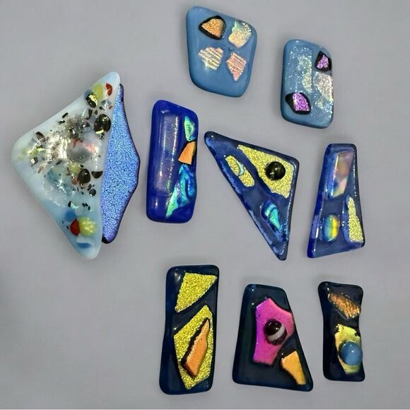 Set of 9 Blue Fused Dichroic Glass Cabochons –Iridescent Handmade Jewelry Pieces - Picture 16 of 16